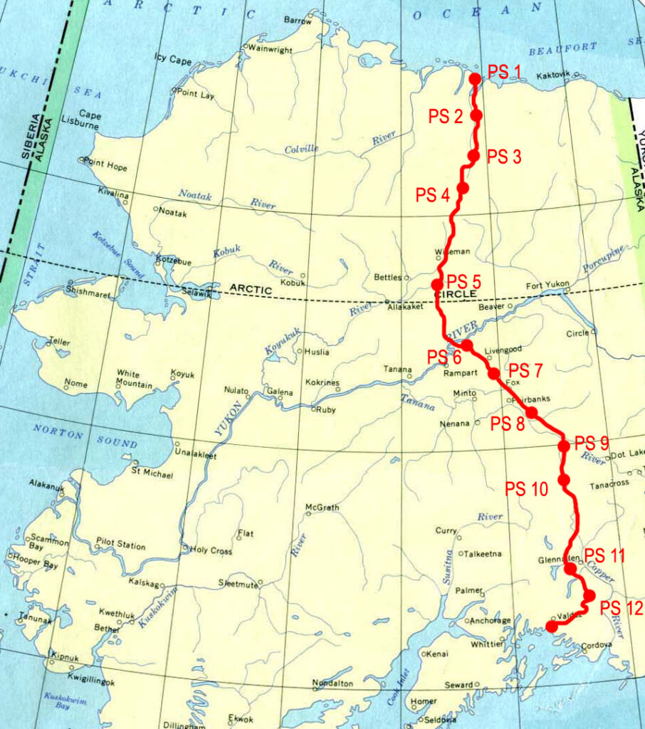 Yellow map of Alaska against blue ocean, with Trans-Alaska Pipeline System location in red