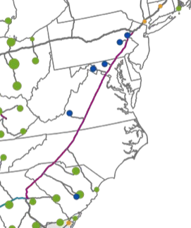 Map of a potential CO2 pipeline running from New Jersey to Georgia. 