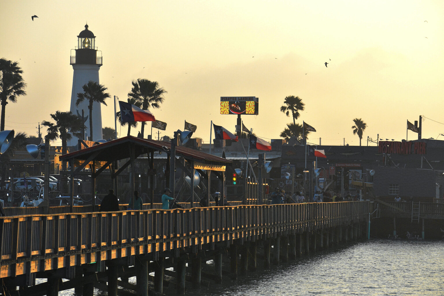 A busy pier with Texas flags at sunset and silhouetted birds, a light house, and palm trees