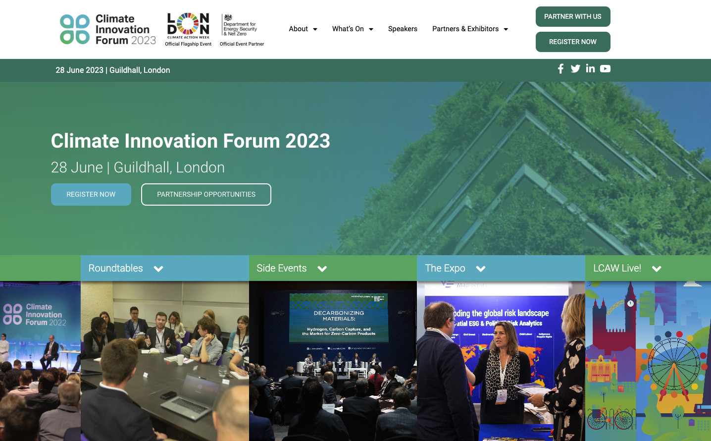 Climate Innovation Forum 2023 website showing event details, sponsors/partners, and London Climate Action Week.