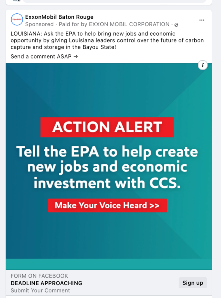 One of ExxonMobil's advertisements on Facebook encouraging the public to speak up in favor of EPA granting Louisiana carbon storage permitting authority.