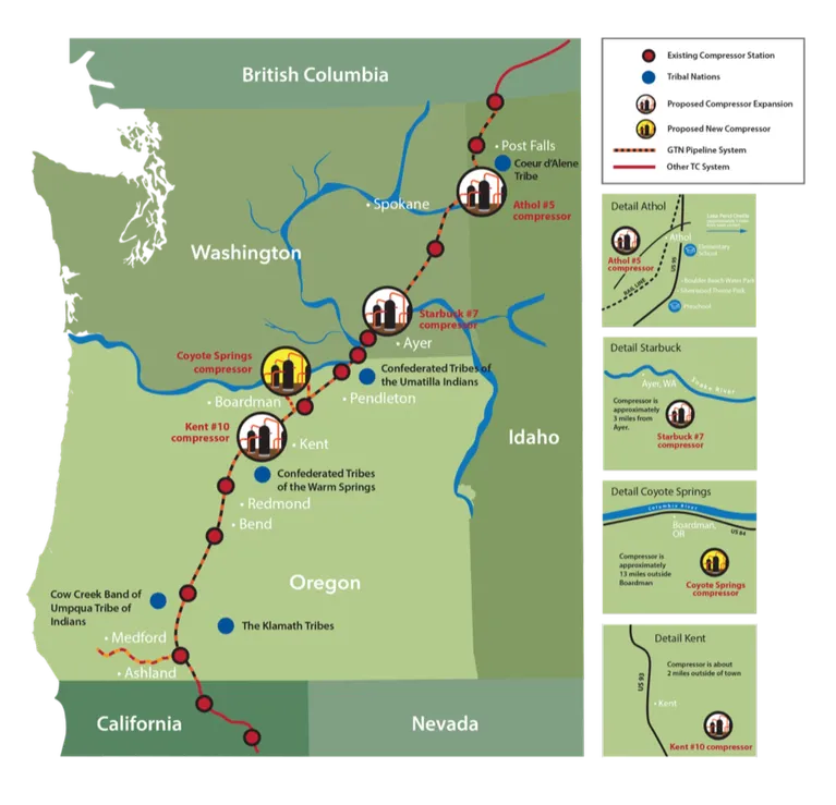A map showing the GTN pipeline's route from British Colombia across Washington and Oregon to California. The sites where the proposed new compressors would be installed are marked.