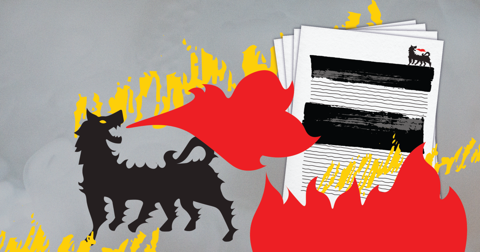 Drawing of the Eni fire-breathing dragon logo setting fire to a legal document.
