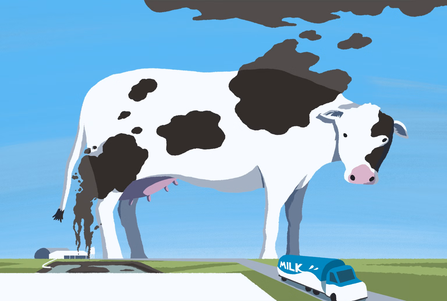 Illustration of a giant dairy cow with emissions coming off top of its body and standing over a farm and milk tanker truck.