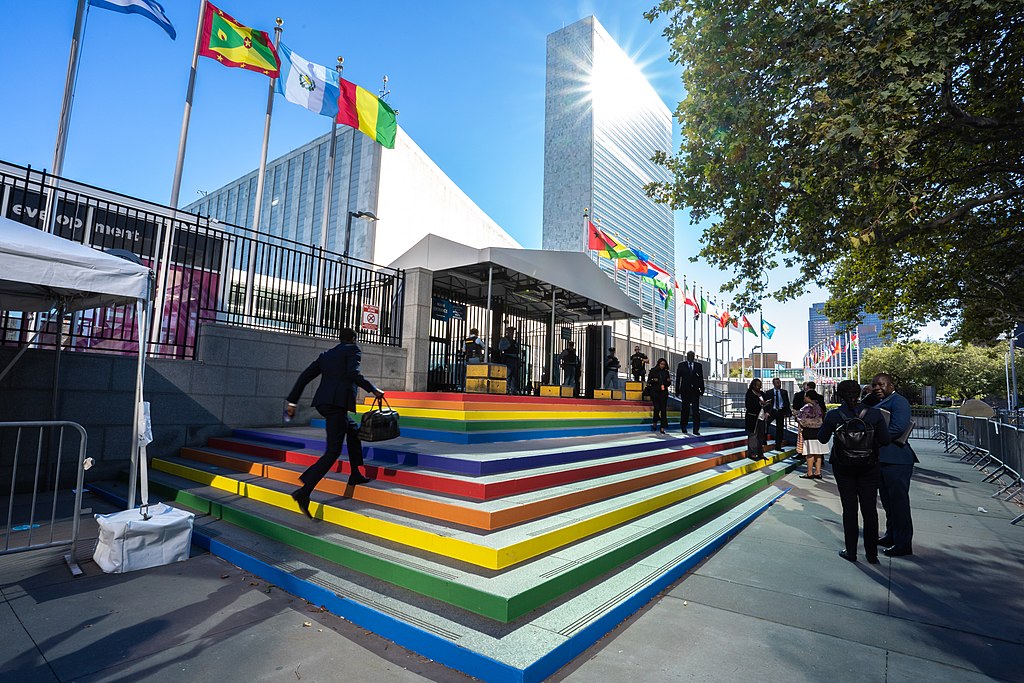 Colorful photo of United Nations headquarters in New York City, taken in 2022