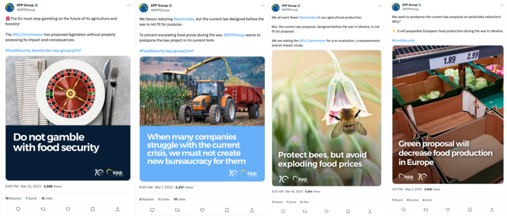 Four X posts from the EPP opposing the Nature Restoration Law and Sustainable Use of Pesticides Industry. The Tweets contain bright coloured images of tractors, bees and empty supermarket shelves, and include messages like "When many companies struggle with the current crisis, we must not create new bueaucracy for them" and "Green proposal will decrease food production in Europe."