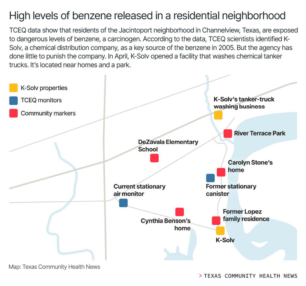 Map showing locations in the Jacintoport neighborhood of Channelview Texas where dangerous levels of benzene have been released.