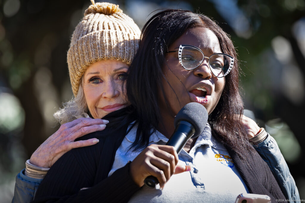 Jane Fonda and Roishetta Ozane at a rally to stop LNG expansion in New Orleans on Jan. 19, 2024. Credit: Julie Dermansky
