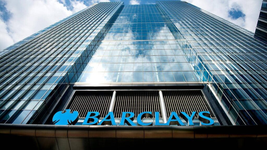 A view looking up at a Barclays bank building