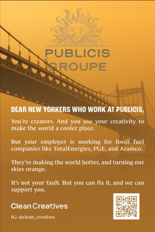 Clean Creatives created this poster, which calls out Publicis' work for fossil fuel clients