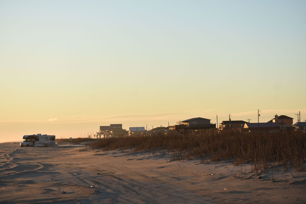 A view of Holly Beach in Cameron Parish, Louisiana, at sunset.