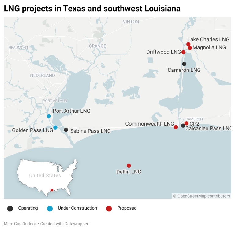 Map of LNG projects in Texas and Southwest Louisiana.