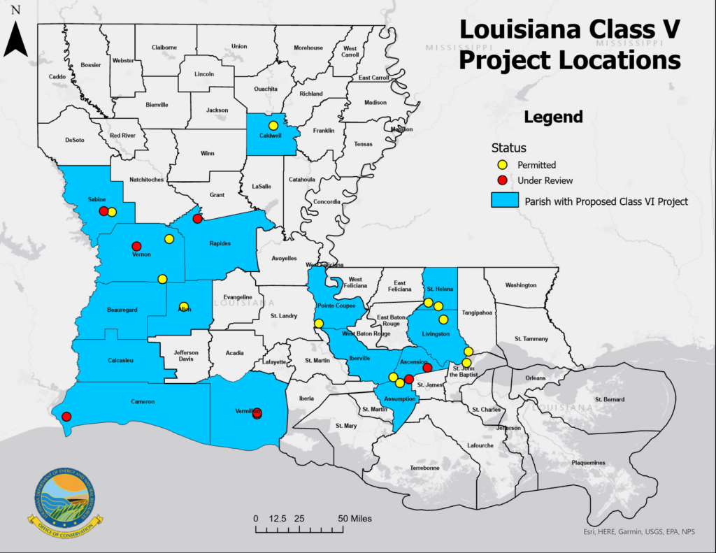 Class V test wells associated with potential Class VI carbon dioxide storage projects in Louisiana. 15 parishes with Class V test wells in blue, with red and yellow dots showing projects permitted vs. under review.