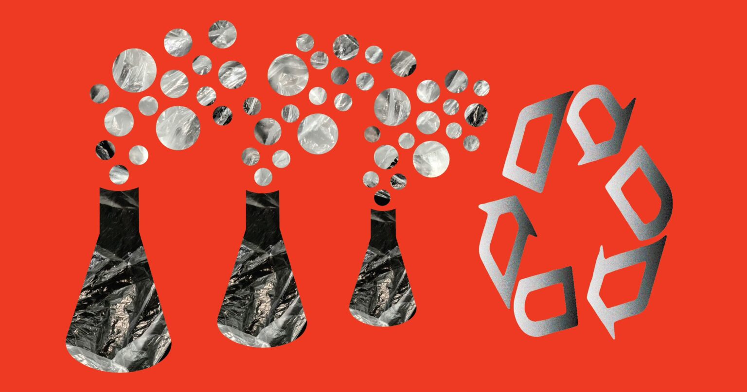 illustration showing cut outs of beakers filled with black plastic and with gray bubbles emerging and flowing right to a large recycling symbol.