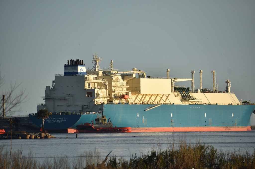 An LNG tanker docked at Venture Global’s Calcasieu Pass LNG.