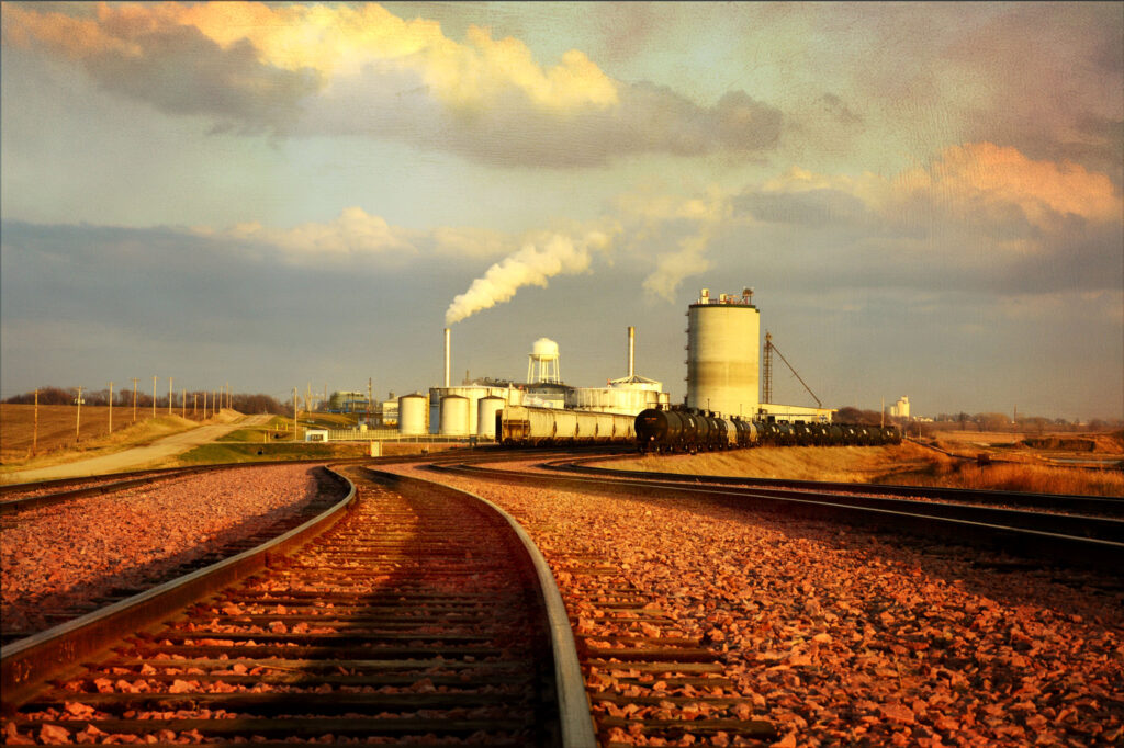 The Little Sioux Corn Processors ethanol plant in the distance with railroad tracks leading to it.