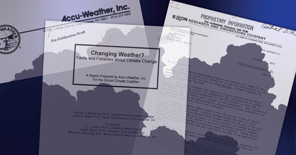 Illustration of three documents by Exxon or AccuWeather questioning the link between extreme weather and global warming, with an dark gray smoky overlay.