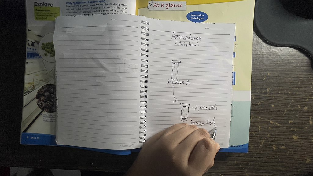 Young student writing in lined notebook.