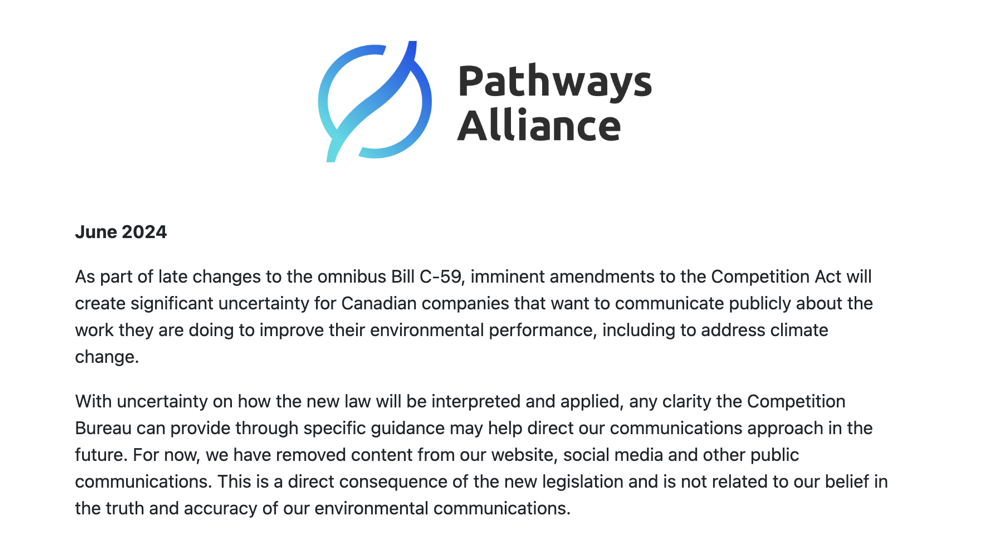 A Pathways Alliance removeu todo o conteúdo de seu site em 19 de junho, antecipando-se às mudanças na Lei de Concorrência do Canadá. Crédito: Site da Pathways Alliance