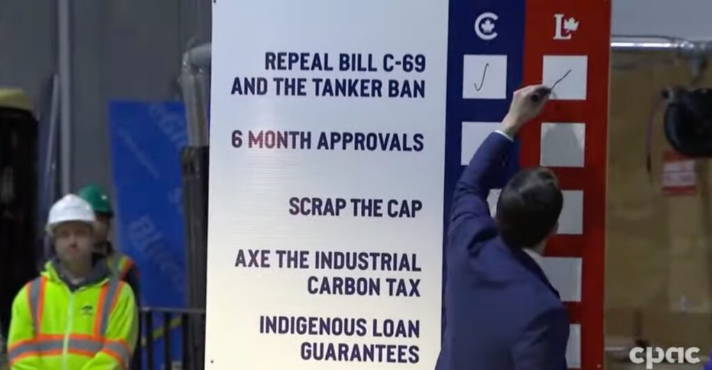 Pierre Poilievre checks off "repeal Bill C-69 and the tanker ban" on a prop-sized chart.
