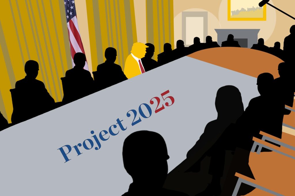 Graphic illustration showing orange outline of President Trump at a cabinet meeting around an oval table with black outlines of people seated, and two-thirds of the table covered in white with the logo Project 2025.