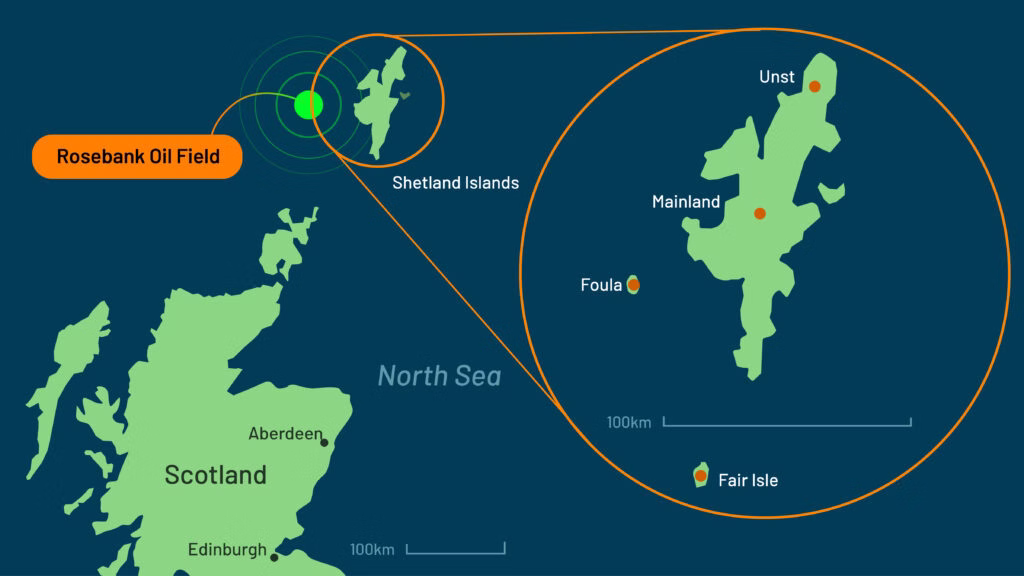 Map of north Scotland and Shetland islands, with inset of Shetland Islands on right, showing location of Rosebank Oil Field to west, and islands of Fair Isle, Foula, and the mainland Unst in the North Sea.