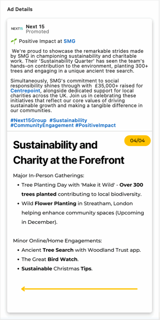 LinkedIn advert promoting Next 15 agency SMG delivering tree planting