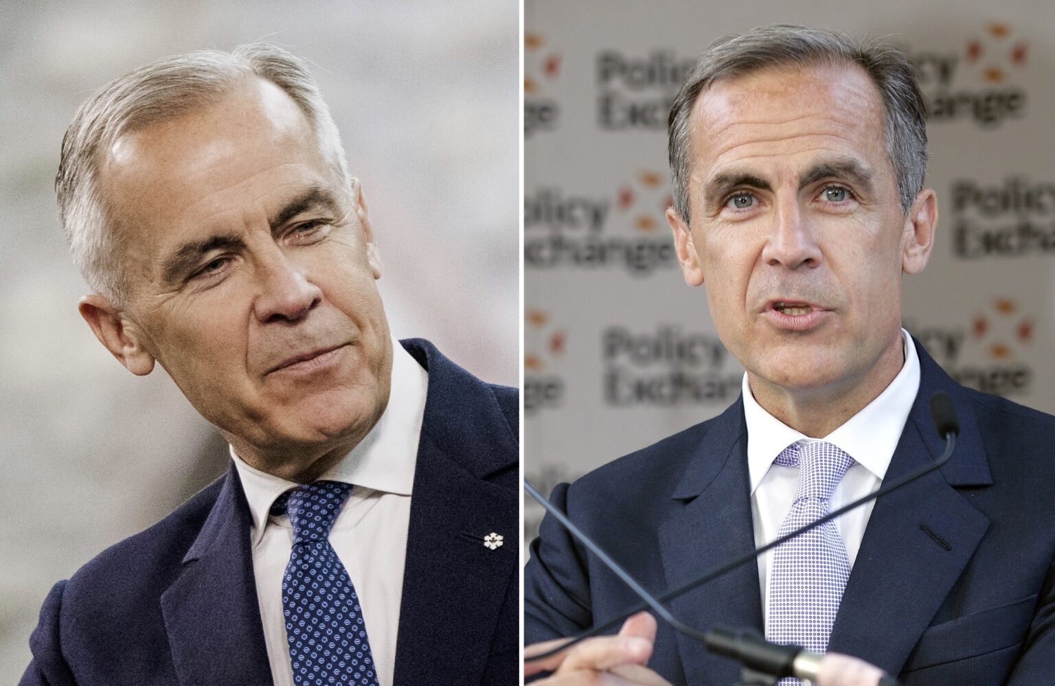 Two side-by-side photos of Mark Carney as prime minister (left) and as Bank of England governor (right)