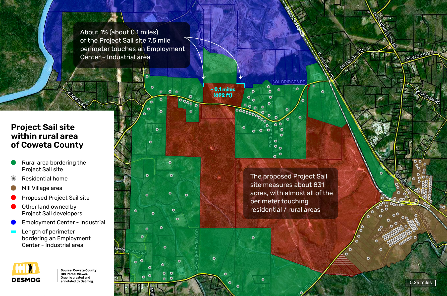 The proposed Project Sail data center would take up about 831 acres in a largely undeveloped rural part of Coweta County. Credit: DeSmog