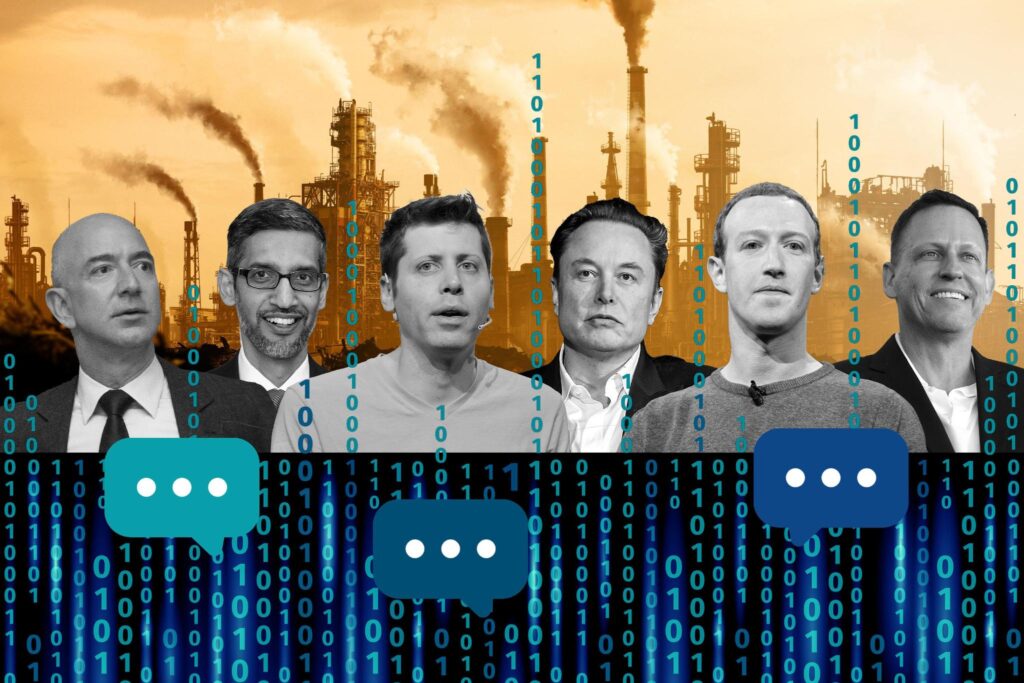 Illustration with busts of Jeff Bezos, Sundar Pichai, Sam Altman, Elon Musk, Mark Zuckerberg, and Peter Thiel in front of an orange-tinted industrial smokestack silhouette background and over a bottom navy bar with vertical zeros and ones in blue and teal and three large text bubbles with three white dots inside.