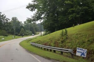 A paved two lane road through a rural residential area in Coweta County Georgia USA. Lawns and mailboxes are visible along the left side of the road.