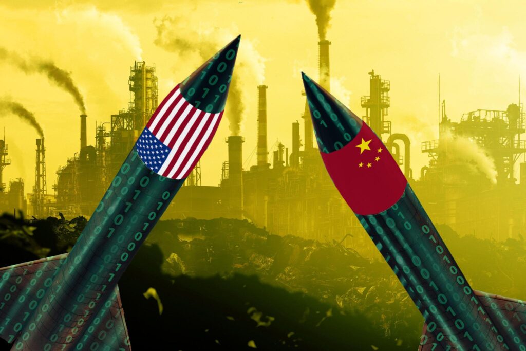 Dueling American and Chinese missiles with binary code on them duel over an image of a smoggy gas plant