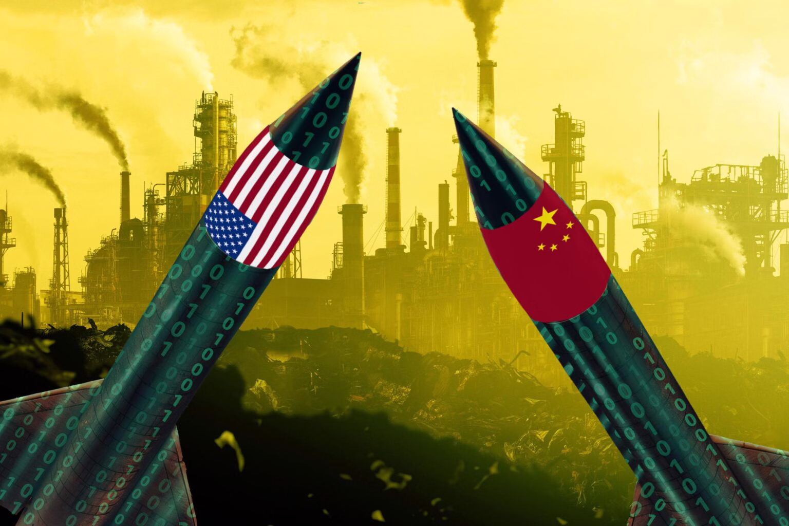 Two rockets with green digital ones and zeros inside, point at each other. The left rocket has a United States flag and the right has a Chinese flag. A yellow-tinged sky and industrial backdrop of smokestacks is behind them.