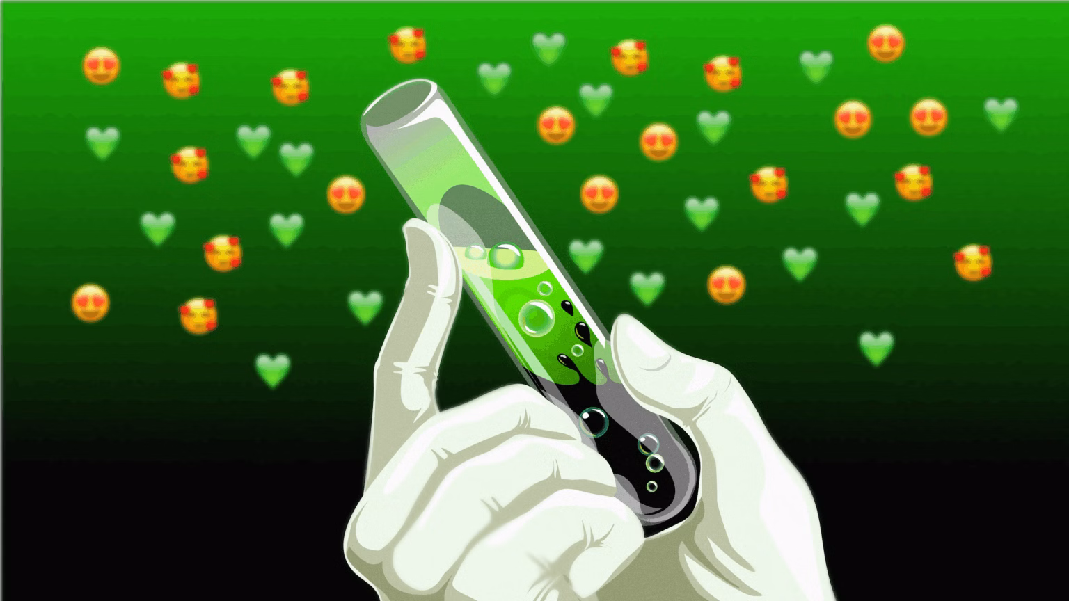 An illustration of a green-tinged right hand holding a test tube with green-ish and black liquids. A green backdrop fades to black with green hearts and emoji faces with heart eyes and hearts around the faces.