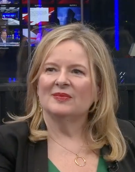 A screenshot image of Allison Pearson on-air in the GB News studio