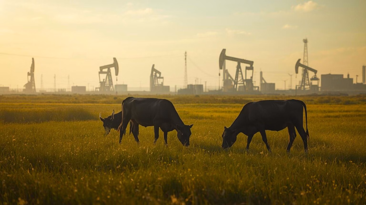 Cattle grazing in the foreground and oil pumpjacks in the background