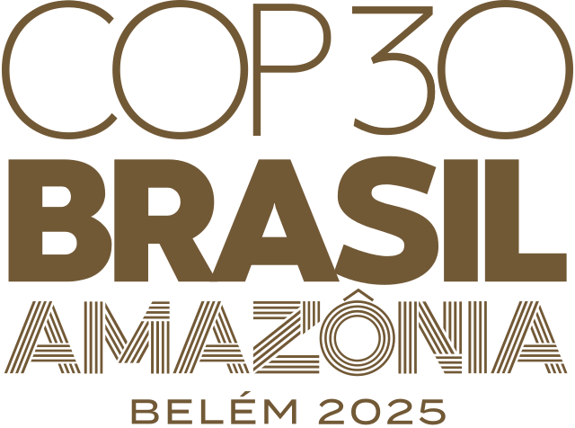Bronze-colored stacked, square-shaped text on a white background. From top to bottom: COP30, Brasil, Amazônia, Belém 2025