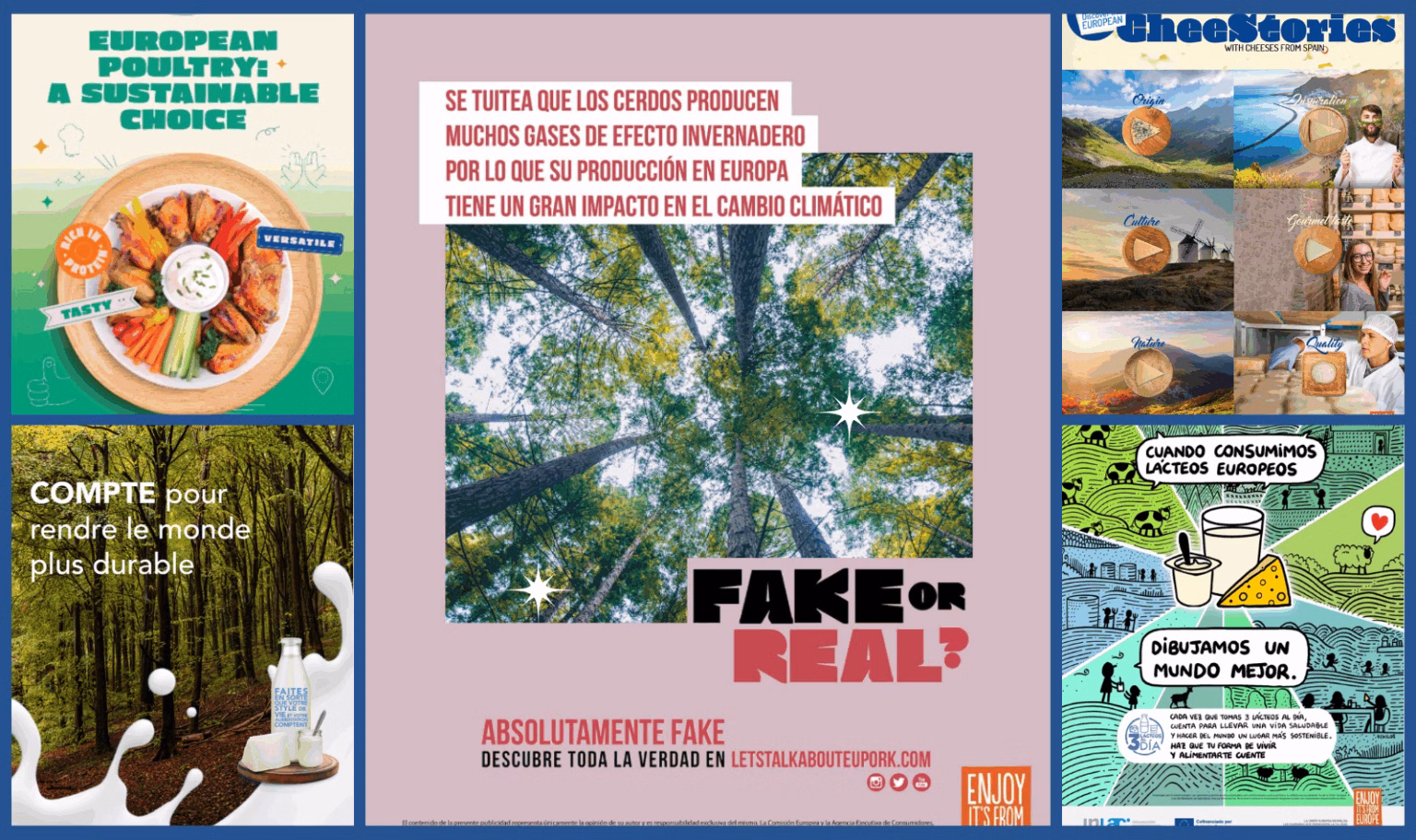 A DeSmog collage of 'Enjoy, it’s from Europe!' campaigns, with 'European Poultry: A sustainable choice' and in Spanish a comic showing happy cows and sheep and text bubbles reading 'When we consume European dairy, we contribute to a better world.'