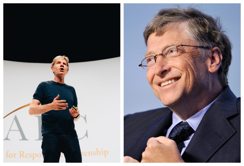 Left, academic and climate crisis denier Bjorn Lomborg in black speaks onstage at the ARC Forum. Right, a close-up of billionaire Bill Gates, smiling, looks left and holds his hands in fists.