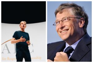 Left, academic and climate crisis denier Bjorn Lomborg in black speaks onstage at the ARC Forum. Right, a close-up of billionaire Bill Gates, smiling, looks left and holds his hands in fists.