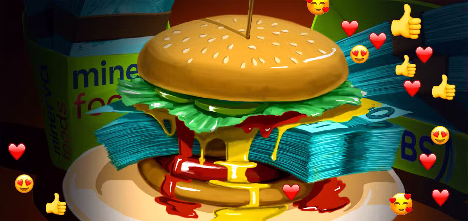 Illustration of a burger with dollars instead of meat, with heart, thumbs up, and heart-eye emojis bubbling up from around it.
