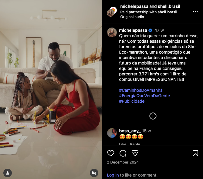 A paid partnership Instagram post in Shell's Paths of Tomorrow campaign in Brazil. The photo shows a happy  Brazilian family, a man, woman and child, in a modern home, playing together in the living room, and includes a positive message about Shell related to clean energy.