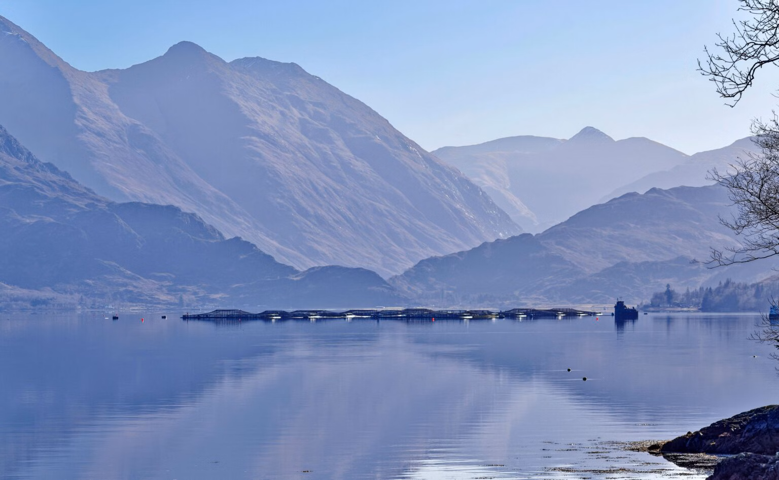 Loch Duich salmon farm in Wester Ross, Scottish Highlands.