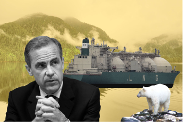 In left corner, a black and white image of Canada Prime Minister Mark Carney, hands folded and looking right. In right corner, a polar bear stands on rocks and looks left. In the background, a superimposed LNG tanker floats past the waters in a yellowed image of the mountainous British Columbia coast.