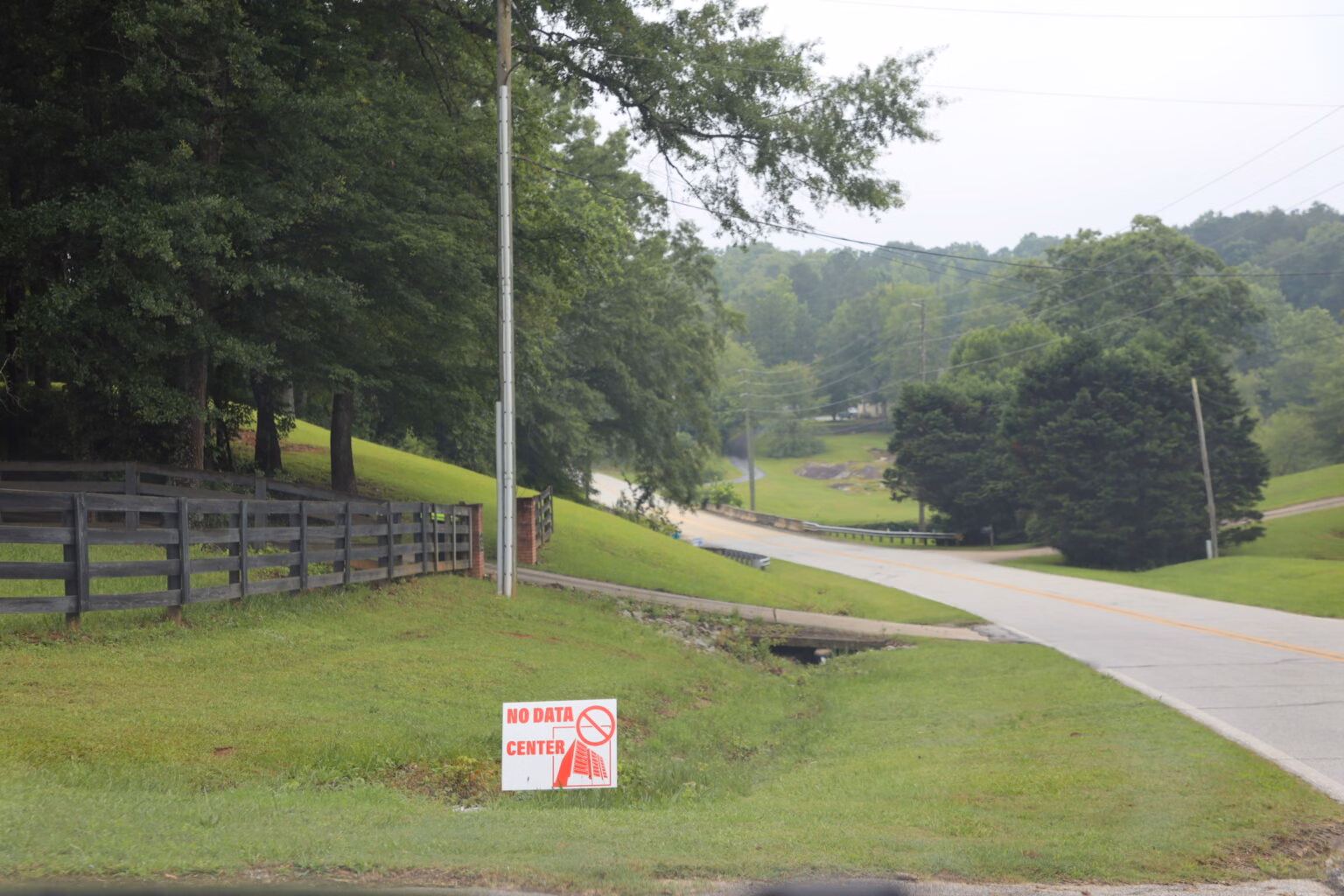 A road near the proposed $17 billion Project Sail data center site in Coweta County, GA, June 2025