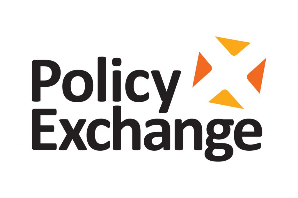 Policy Exchange's logo: their name in black with an orange pattern above.