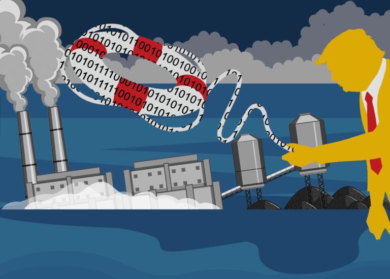 A coal power plant sinks into the ocean and an orange outline of Donald Trump throws a life preserver with 0s and 1s in it to the power plant. Dark clouds sit on the horizon.