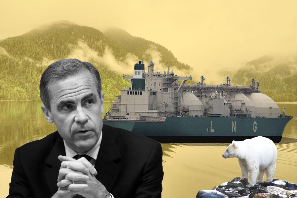 In left corner, a black and white image of Canada Prime Minister Mark Carney, hands folded and looking right. In right corner, a polar bear stands on rocks and looks left. In the background, a superimposed LNG tanker floats past the waters in a yellowed image of the mountainous British Columbia coast.