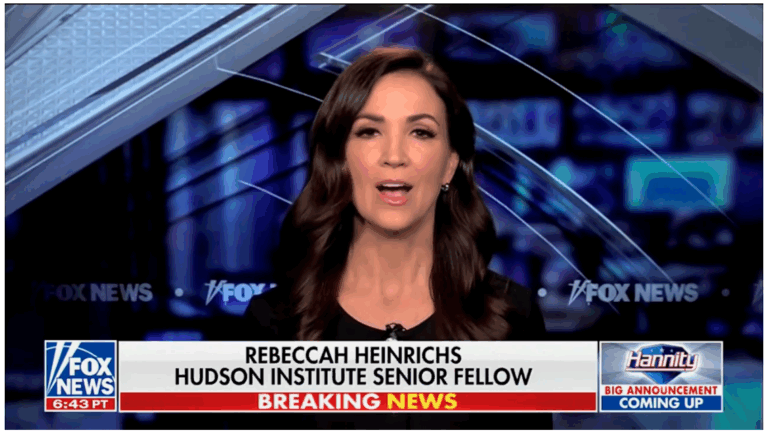 Video still of Rebeccah Heinrichs' appearance on Fox News' Hannity show, January 6 2026.