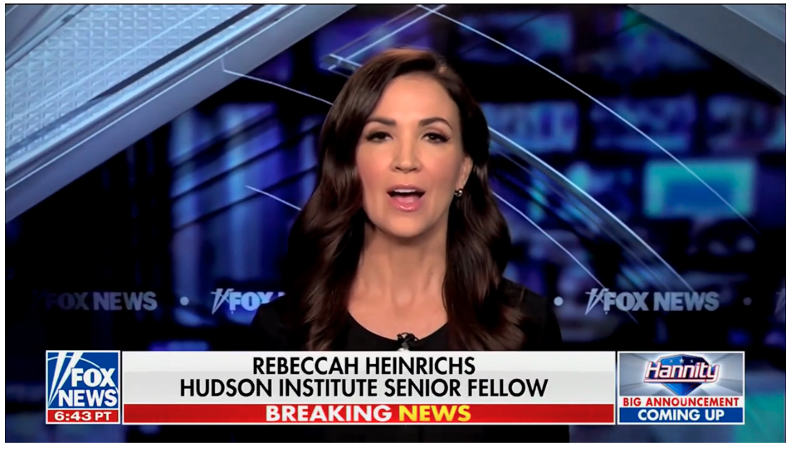 Video still of Rebeccah Heinrichs' appearance on Fox News' Hannity show, January 6 2026.